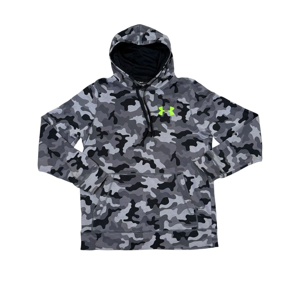Under Armour Camo Hoodie Men's Small Loose Fit Black And Gray With Neon Logo